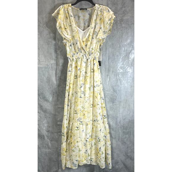 BLACK TAPE Women's Gold Lily Women's Faux-Wrap Smocked Flutter Sleeve Dress SZ M - Picture 2 of 13